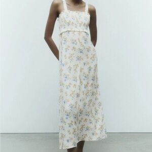 Zara XL Floral Square-Neck Maxi Dress - Cream with Blue & Yellow Blossoms